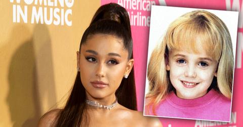 Ariana Grande Closeup Looking Serious With High Pony Tail and Pink Dress With Inset of JonBenet Ramsey in Pink Shirt Smiling