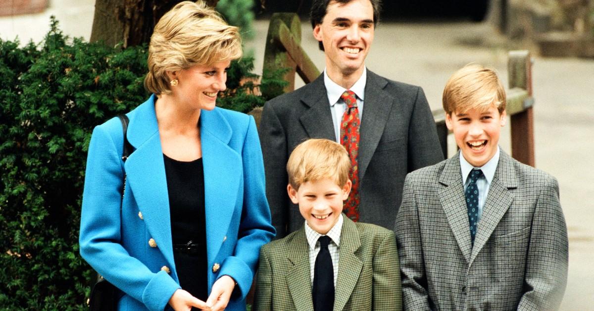 Photo of Princess Diana and her sons Harry and William in the front.