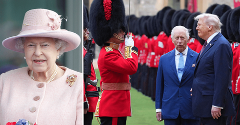 Split photo of Queen Elizabeth II, King Charles and Donald Trump