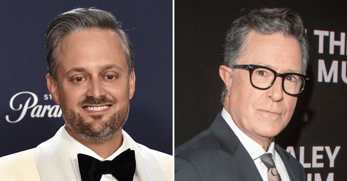 Split photo of Nate Bargatze and Stephen Colbert