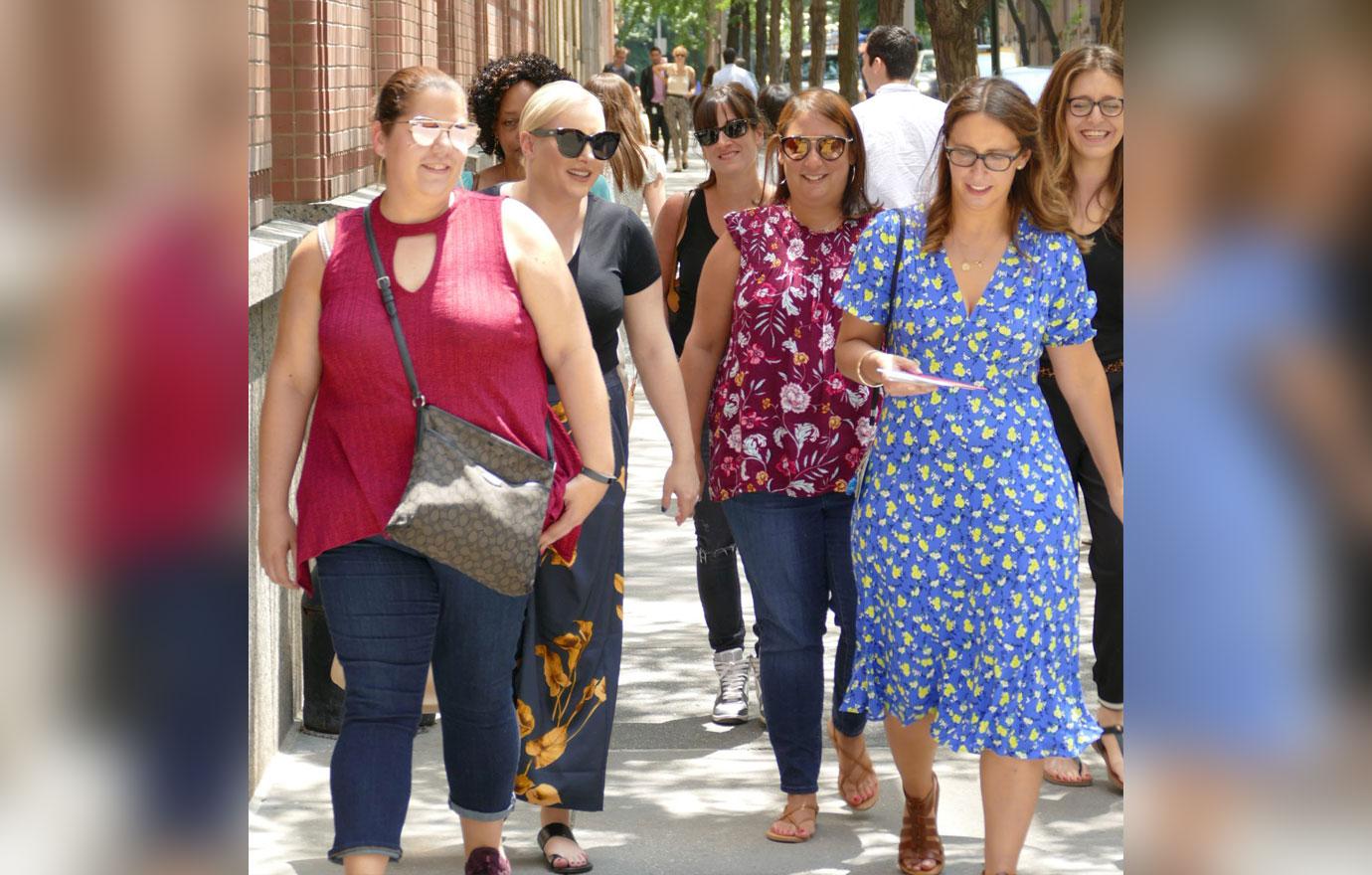 Meghan McCain Leaving the View Wearing A Black Top And Flowered Pants Walking With Friends