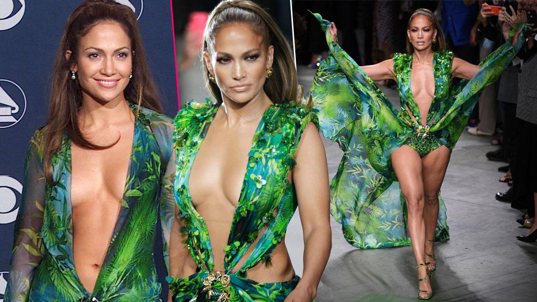 Jennifer Lopez Walks Versace Show in Grammys Lookalike Dress