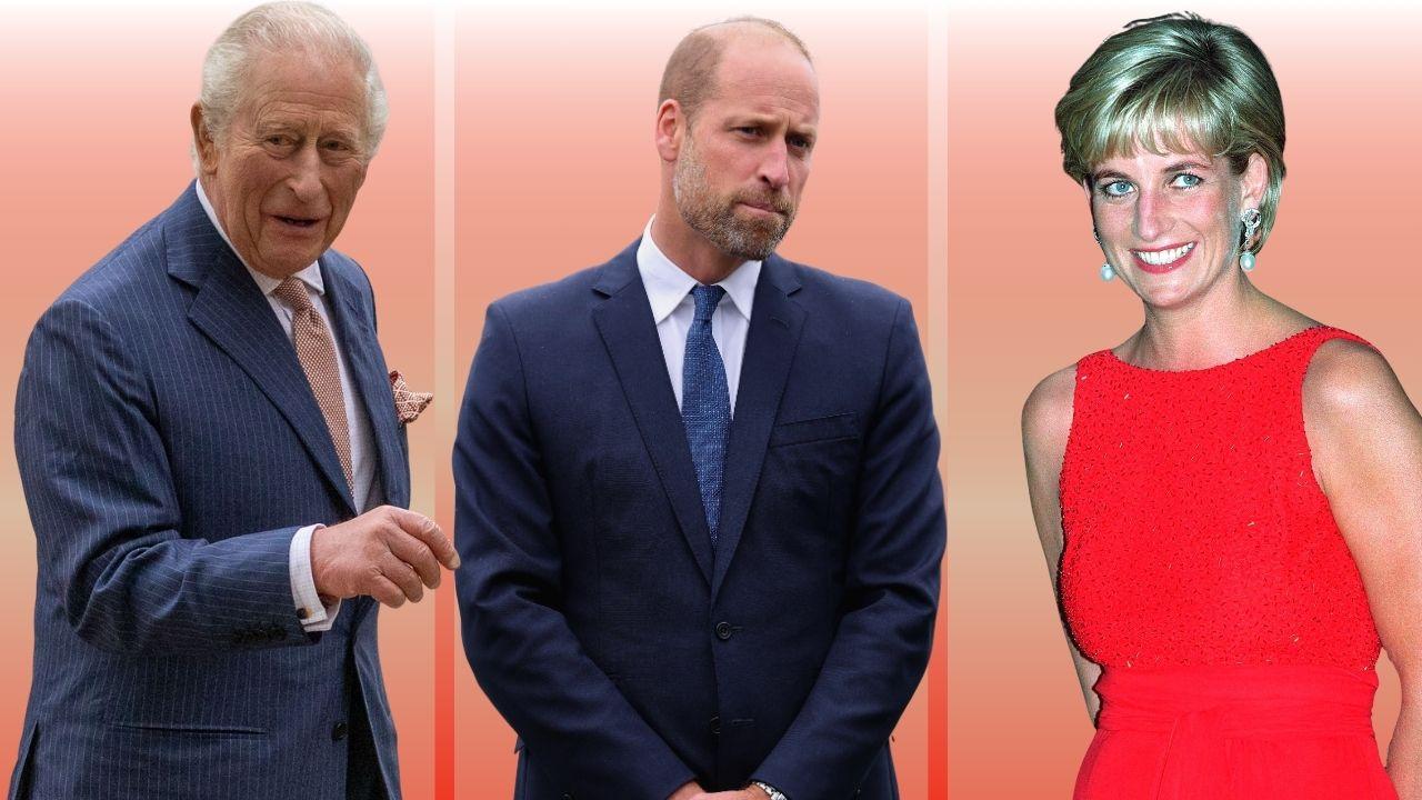 Split photos of King Charles, Prince William and Princess Diana