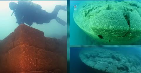 Split photos of underwater ruins