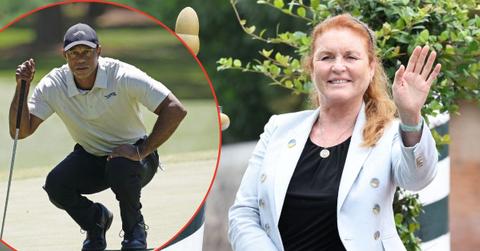 Split photo of Sarag Ferguson and Tiger Woods