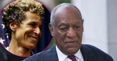 Inset Smiling Andrea Constand, Sad Bill Cosby Weraing Suit