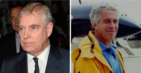 Split photo of Andrew Windsor and Jeffrey Epstein