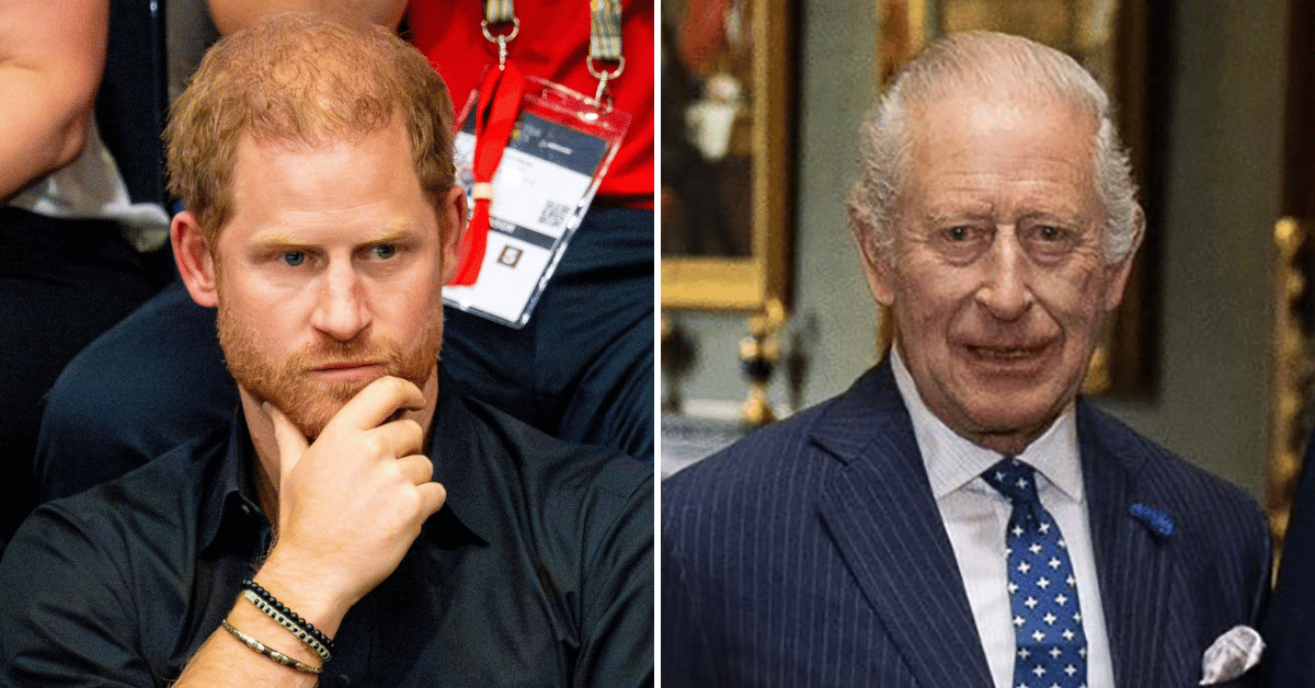 Split photo of Prince Harry and King Charles III