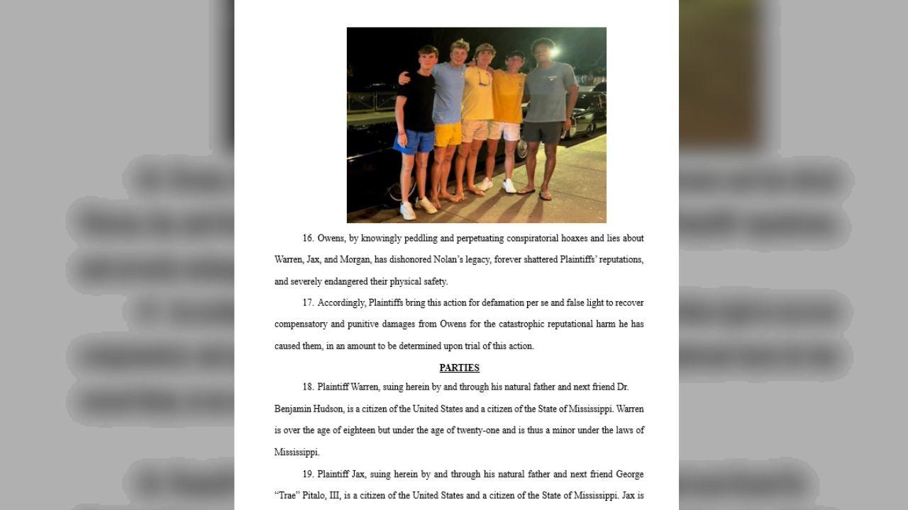 The lawsuit alleges Owens' social media comments damaged the reputations of three young men.