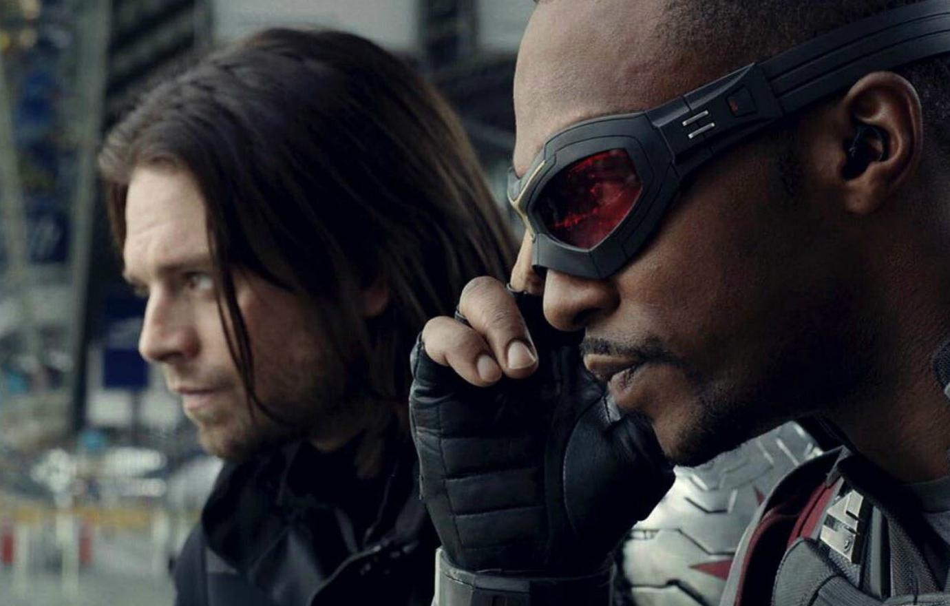 Sebastian Stan wore his The Winter Soldier costume while The Falcon, Anthony Mackie, donned his superhero duds in a scene from Avengers: Endgame.