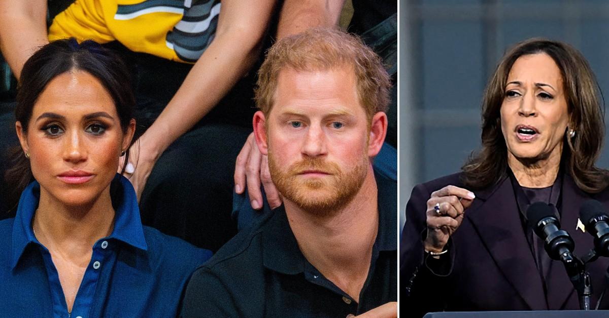 Split photo of Meghan Markle and Prince Harry, Kamala Harris