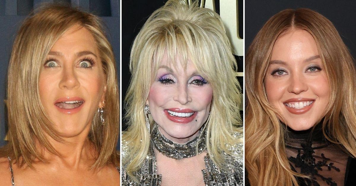 Split photo of Jennifer Aniston, Dolly Parton, and Sydney Sweeney.