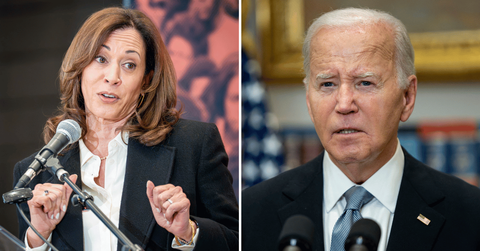 Split photo of Kamala Harris, Joe Biden