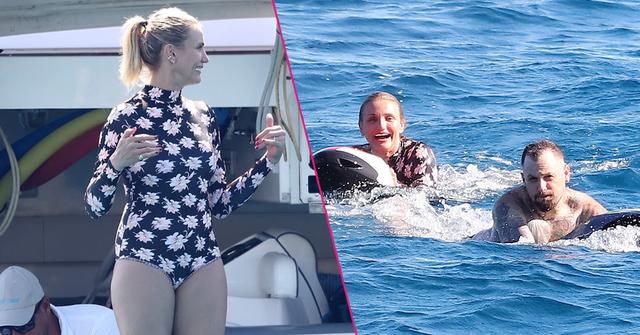 Cameron Diaz seen diving into the Mediterranean in a floral one piece with Benji Madden.