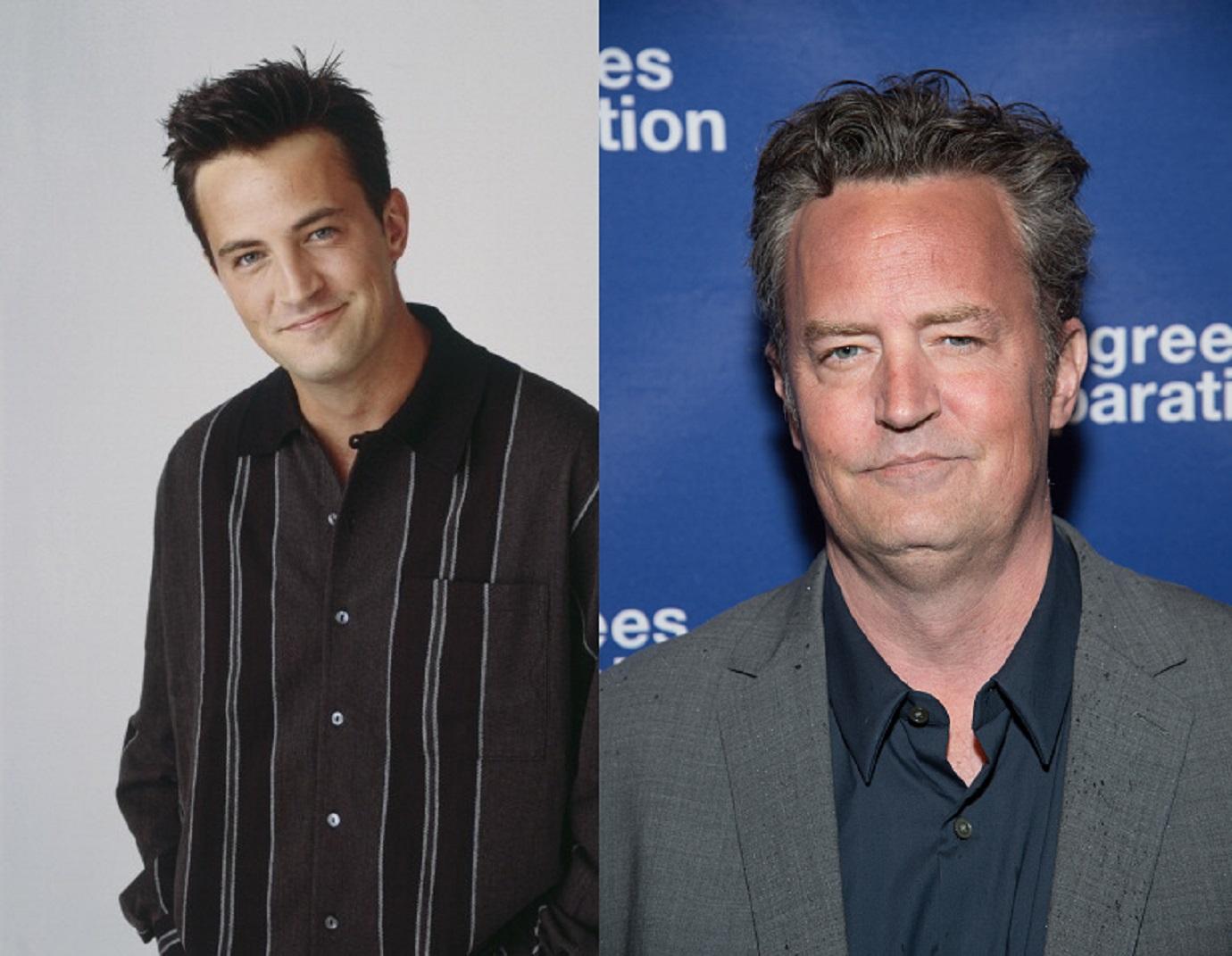 Matthew Perry posing for a photo at two different times.