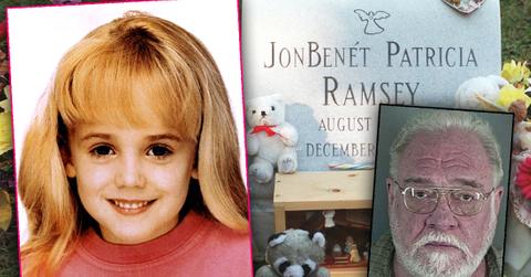 Inset Of JonBenet Ramsey in Pink Sweatshirt, Her Grave Stone Surrounded By Teddy Bears and Inset of Randall DeWitt Simons' Mugshot