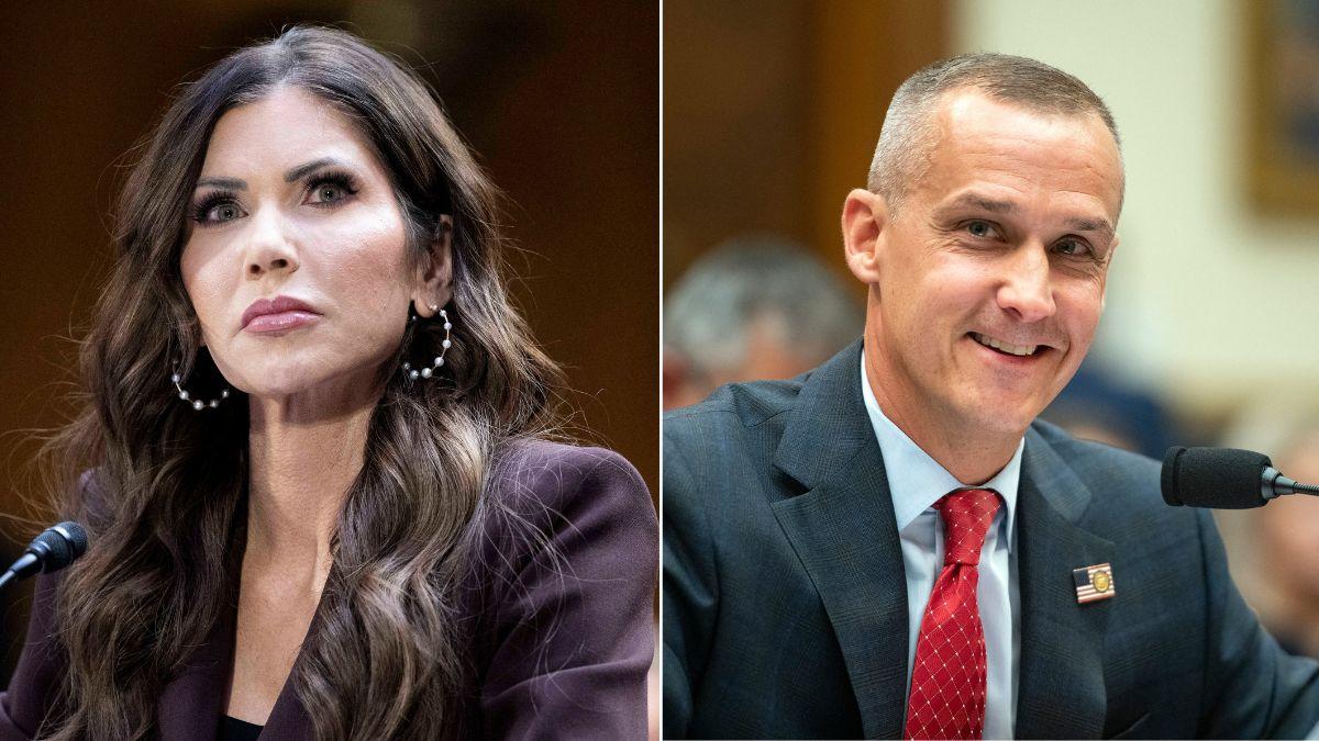 split image of Kristi Noem and Corey Lewandowski