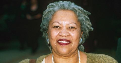 Toni Morrison 1998 Wearing Pearl Necklace, White Top and Green Sweater