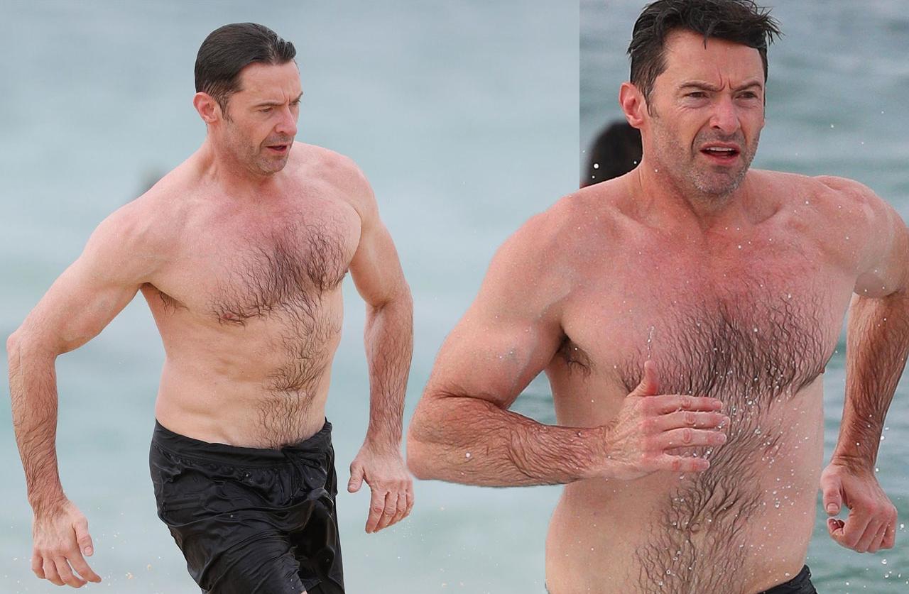 Hugh Jackman Runs Shirtless On Bondi Beach in Australia