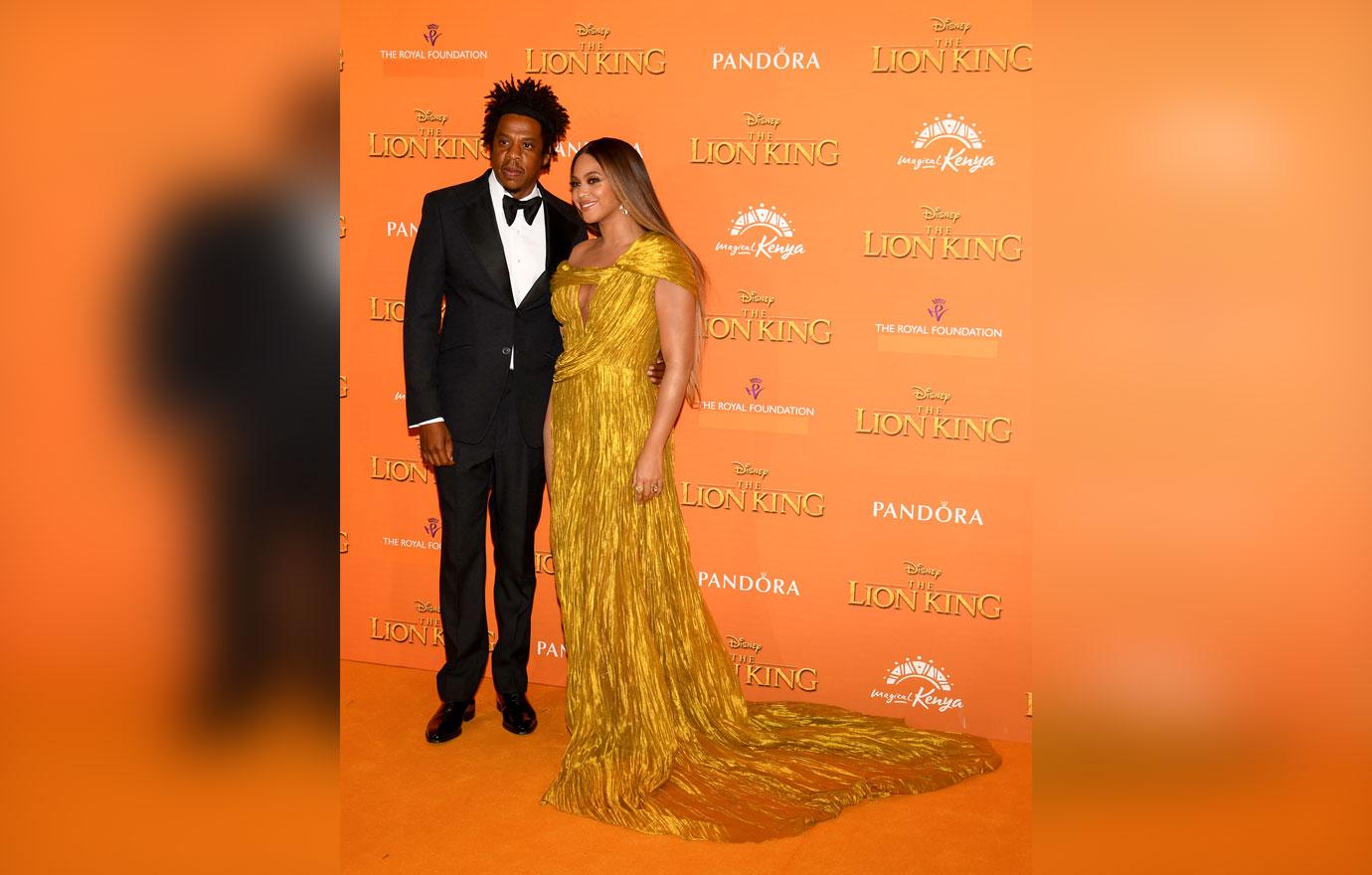 Beyonce Knowles-Carter and Jay-Z attend the European Premiere of Disney's "The Lion King" at Odeon Luxe Leicester Square on July 14, 2019 in London, England.