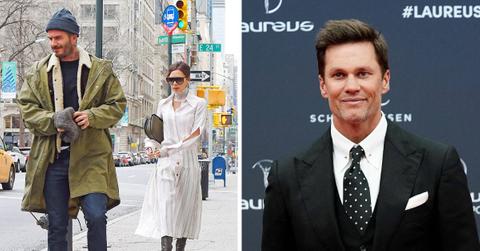Split photo of David Beckham, and Victoria Beckham, Tom Brady