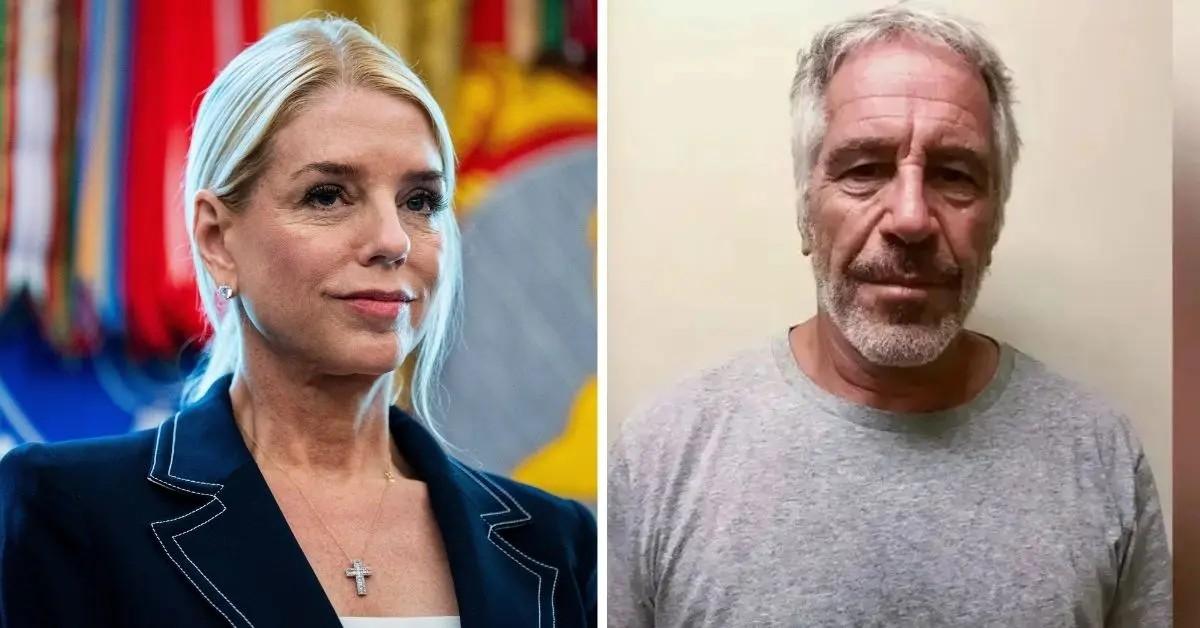 split photo of pam bondi and jeffrey epstein