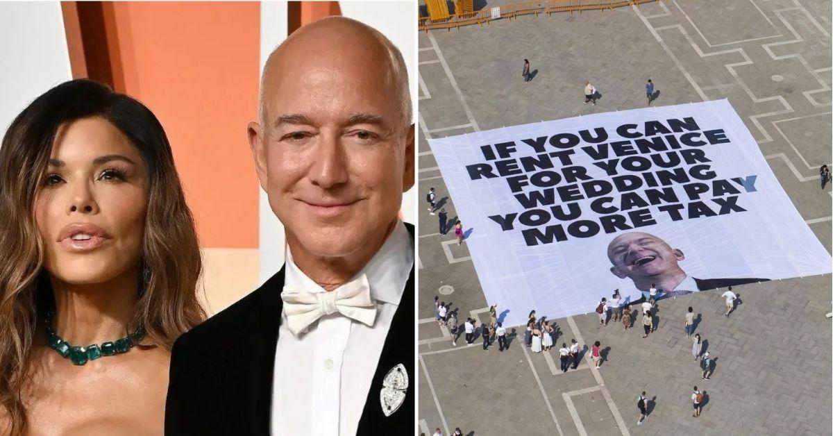 Split photo of Jeff Bezos, Lauren Sanchez, protestors 