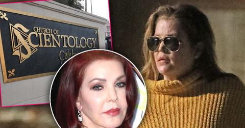 Inset Scientology Celebrity Center Sign, Inset Pricilla Presley, Lisa Marie Presley Wearing Sunglasses and Baggy Yellow Sweater