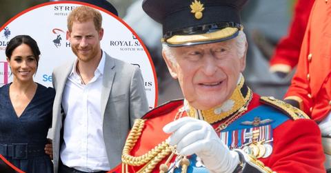 Photo of King Charles, Prince Harry and Meghan Markle.