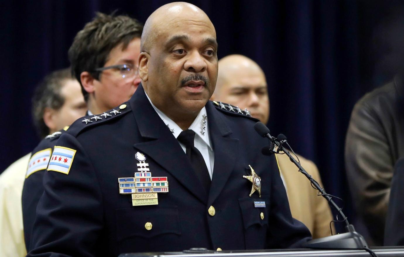 The Chicago police chief greeted the press in his formal uniform.