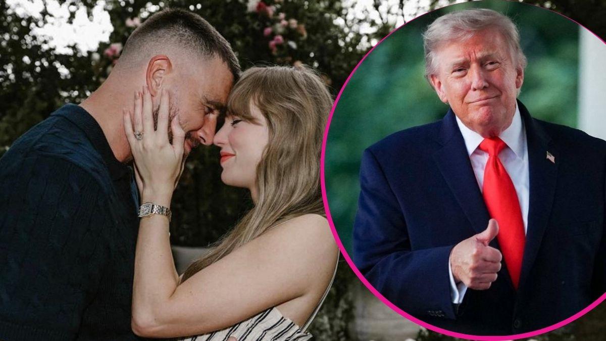 split image of Travis Kelce and Taylor Swift; Donald Trump