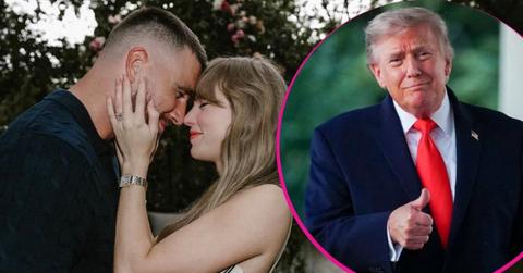 split image of Travis Kelce and Taylor Swift; Donald Trump