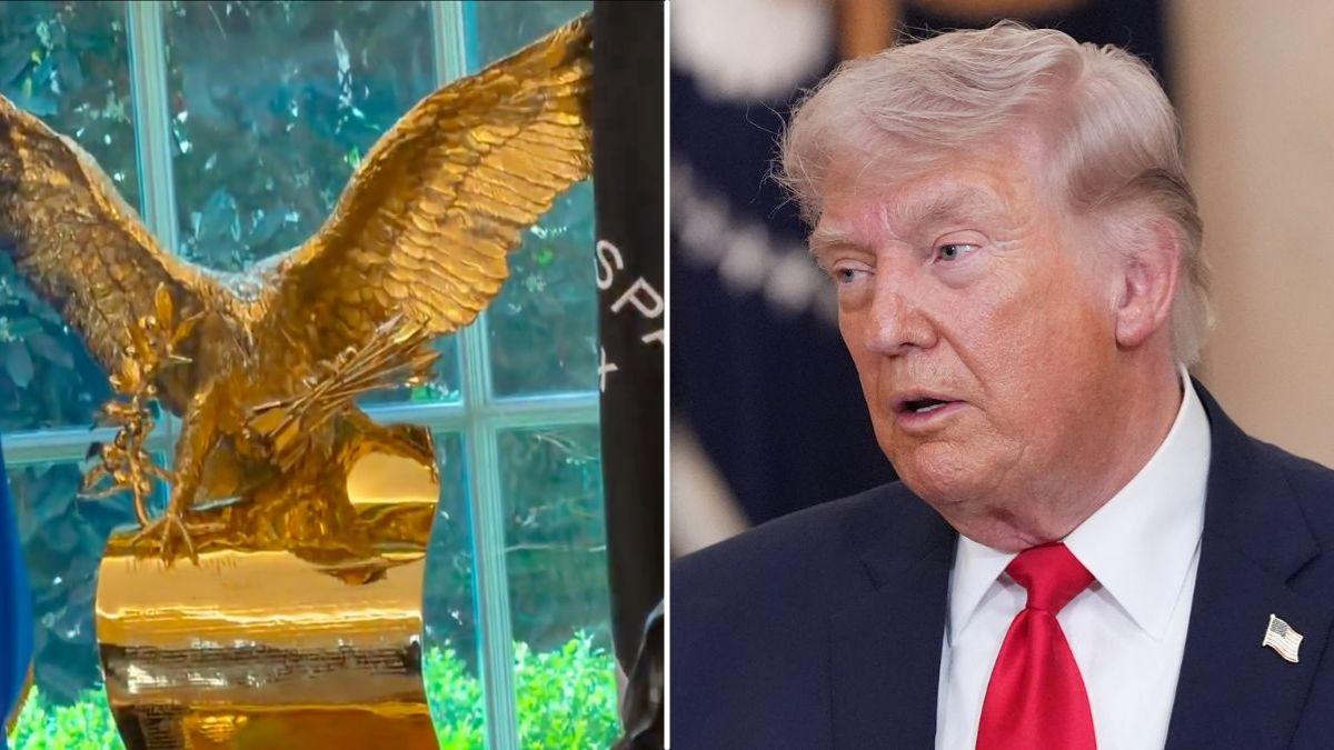 split image of gold eagle and Donald Trump