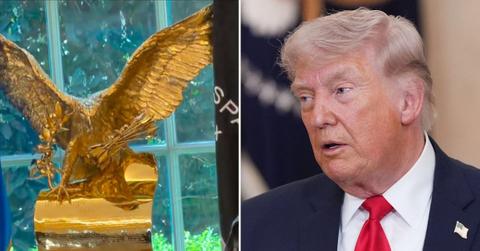 split image of gold eagle and Donald Trump