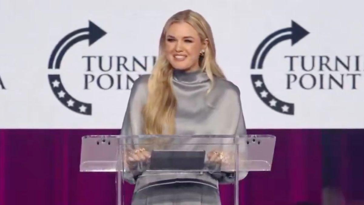 image of The crowd cheered after Kirk responded to the disruption by saying she prayed the protester would 'find' happiness.