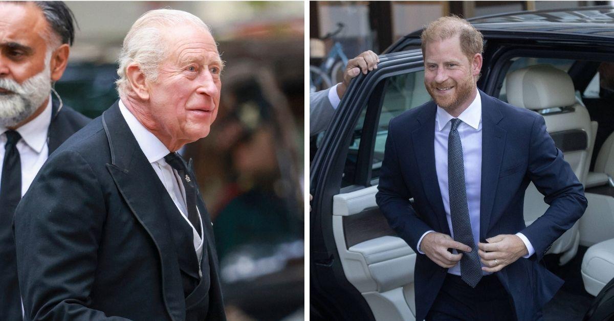 Split photo of King Charles and Prince Harry