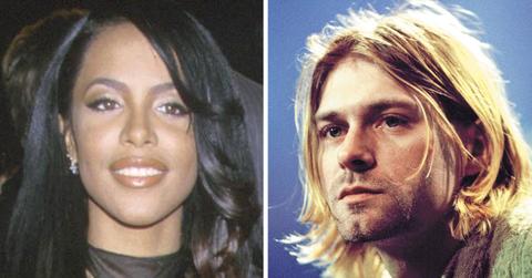 Split images of Aaliyah and Kurt Cobain.