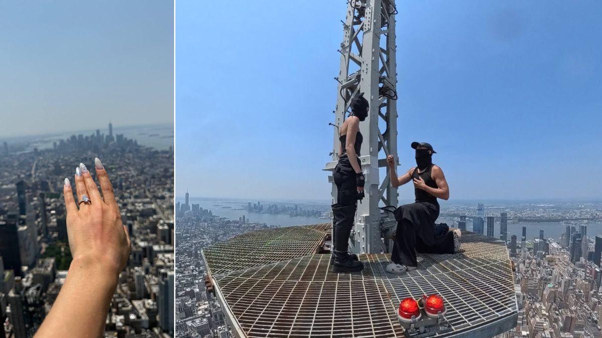 A daredevil couple climbed to the top of the Empire State Building, where the man proposed to his girlfriend.