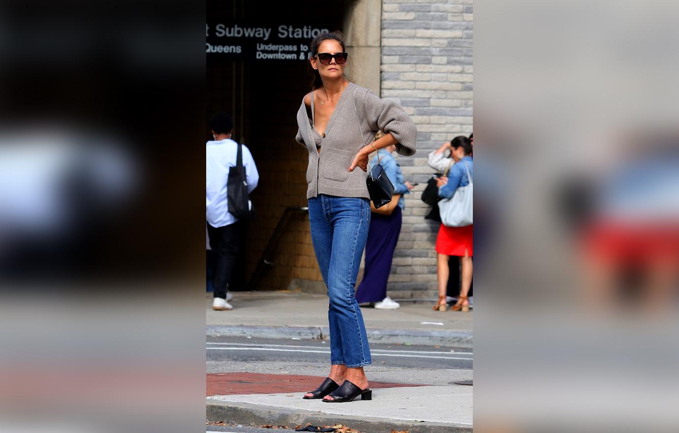 Katie Holmes Flaunts Cleavage in Loose Gray Sweater and Matching Bra