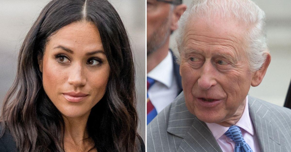 Split photo of Meghan Markle, King Charles.