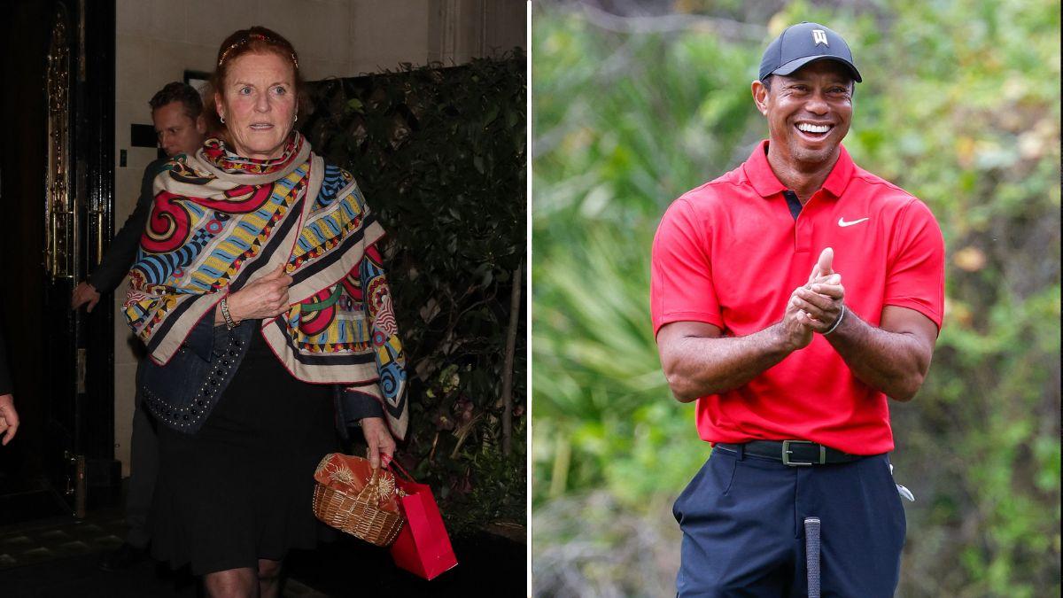Split photo of Sarah Ferguson and Tiger Woods