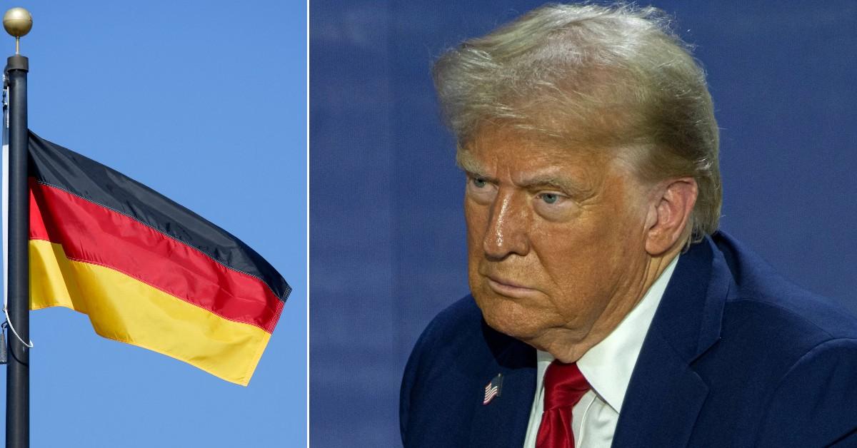 Split photo of Germany's flag, Donald Trump