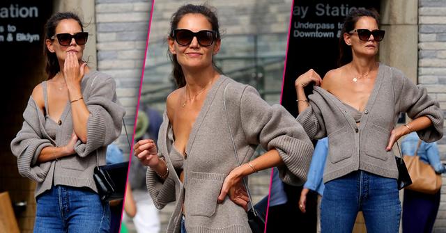 Katie Holmes Flaunts Cleavage in Loose Gray Sweater and Matching Bra