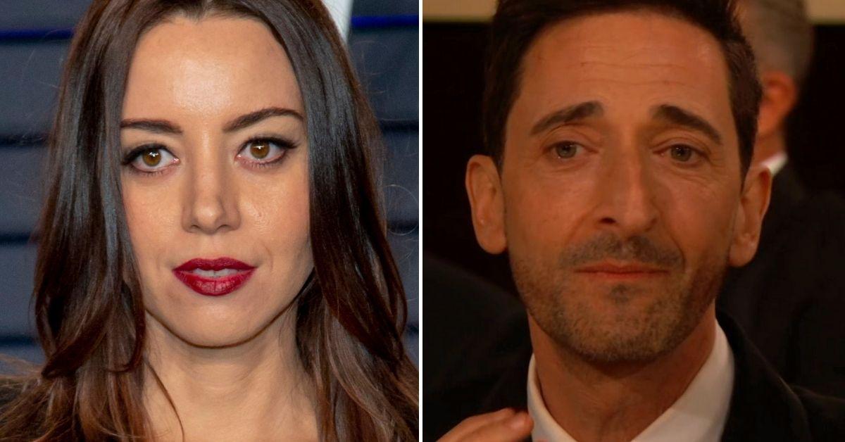 Split photo of Aubrey Plaza and Adrien Brody.