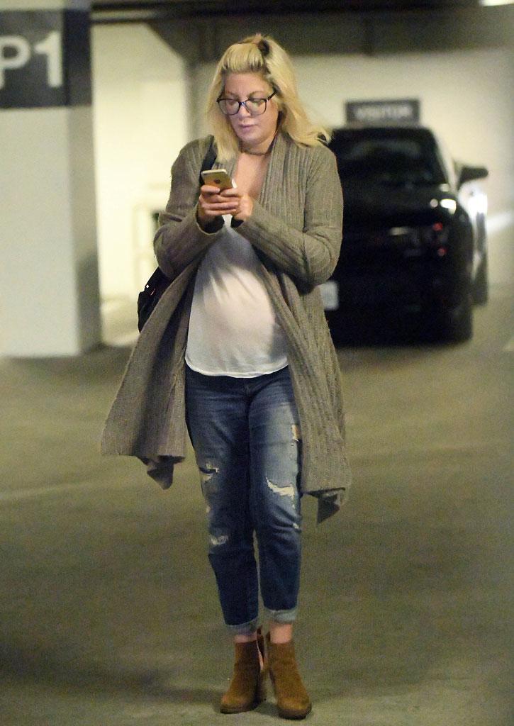 Tori Spelling Pregnant Baby Bump Sheer Shirt