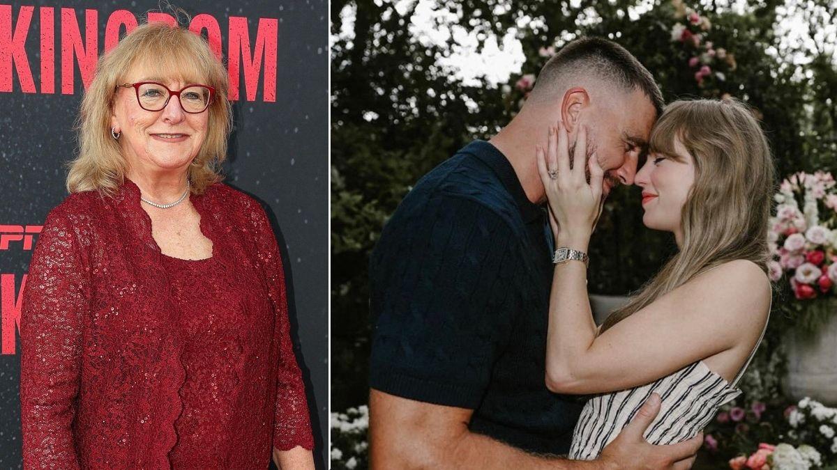 split image of Donna Kelce; Taylor Swift and Travis Kelce