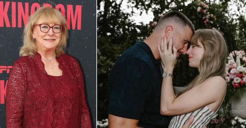 split image of Donna Kelce; Taylor Swift and Travis Kelce