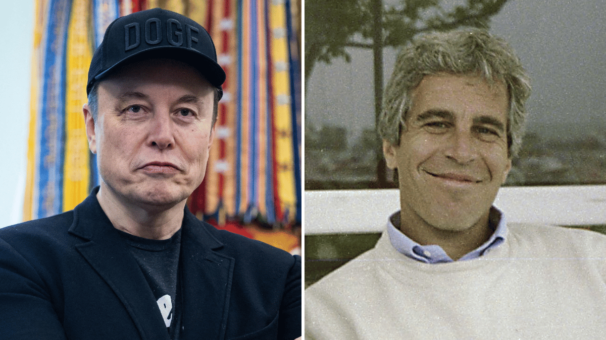 Split photo of Elon Musk, Jeffrey Epstein