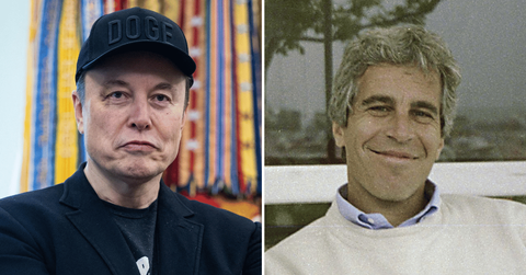 Split photo of Elon Musk, Jeffrey Epstein