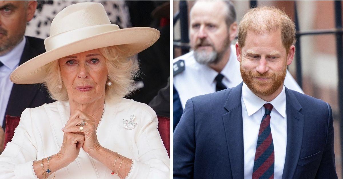 Split photo of Prince Harry and Queen Camilla